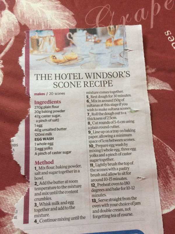 Newspaper clipping of The Hotel Windsor's Scone Recipe