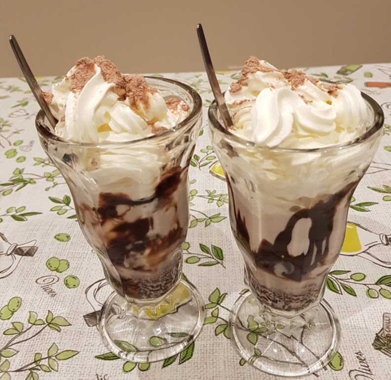 iced chocolate with ice cream, chocolate topping, milk, cream and chocolate powder