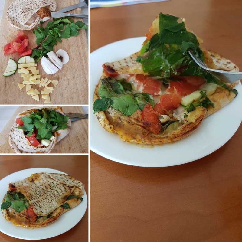 pita pocket, mushroom, cheese, zucchini, tomato